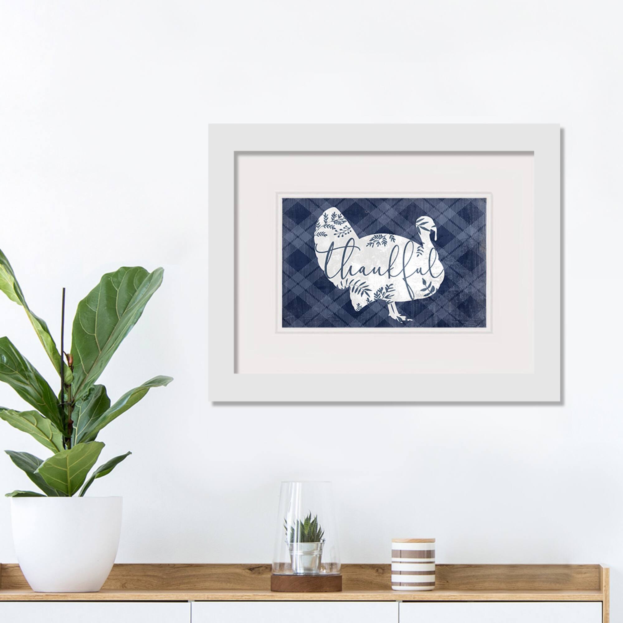 Blue & White Thankful Turkey Fall Print in White Frame